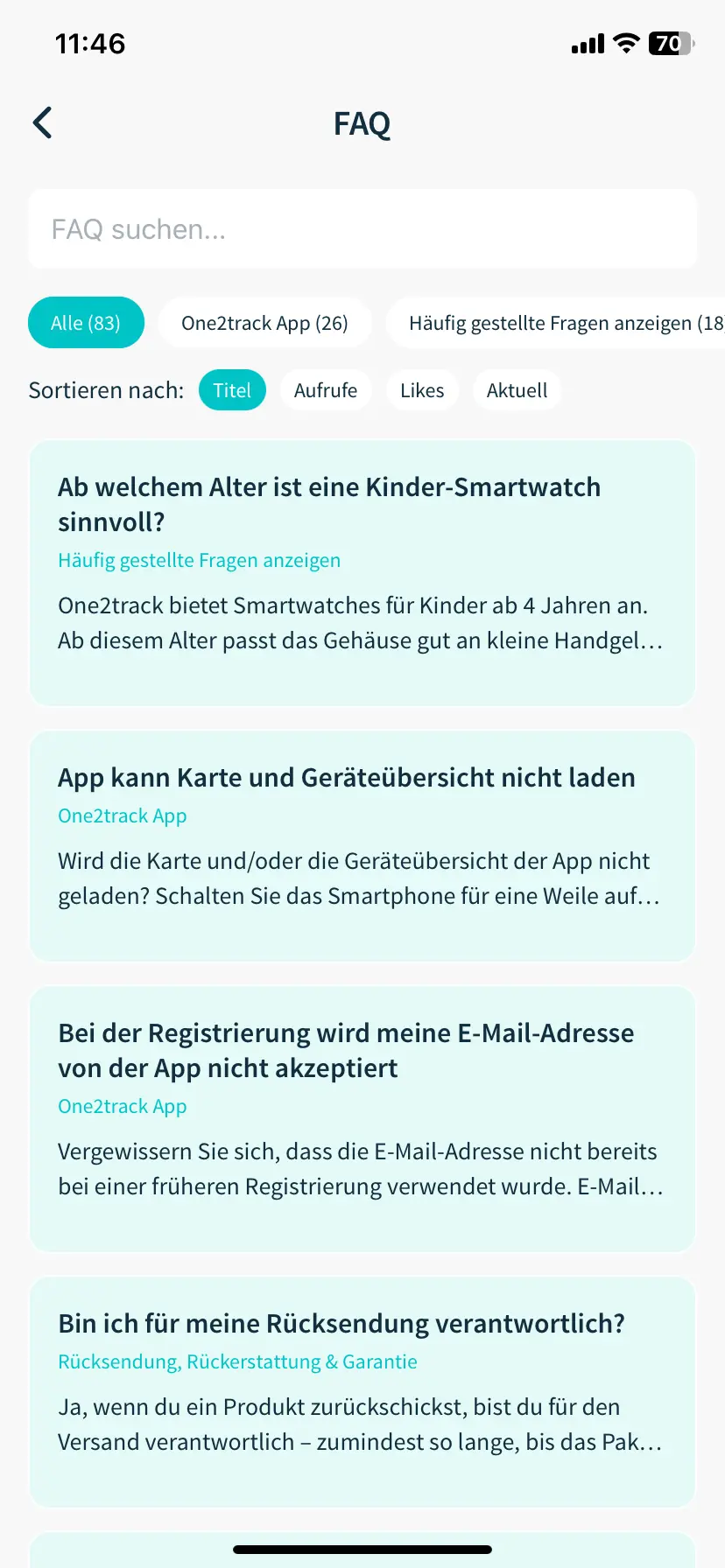 FAQ-Übersicht in der one2track-App mit häufig gestellten Fragen zur Kinder-Smartwatch und App-Nutzung.