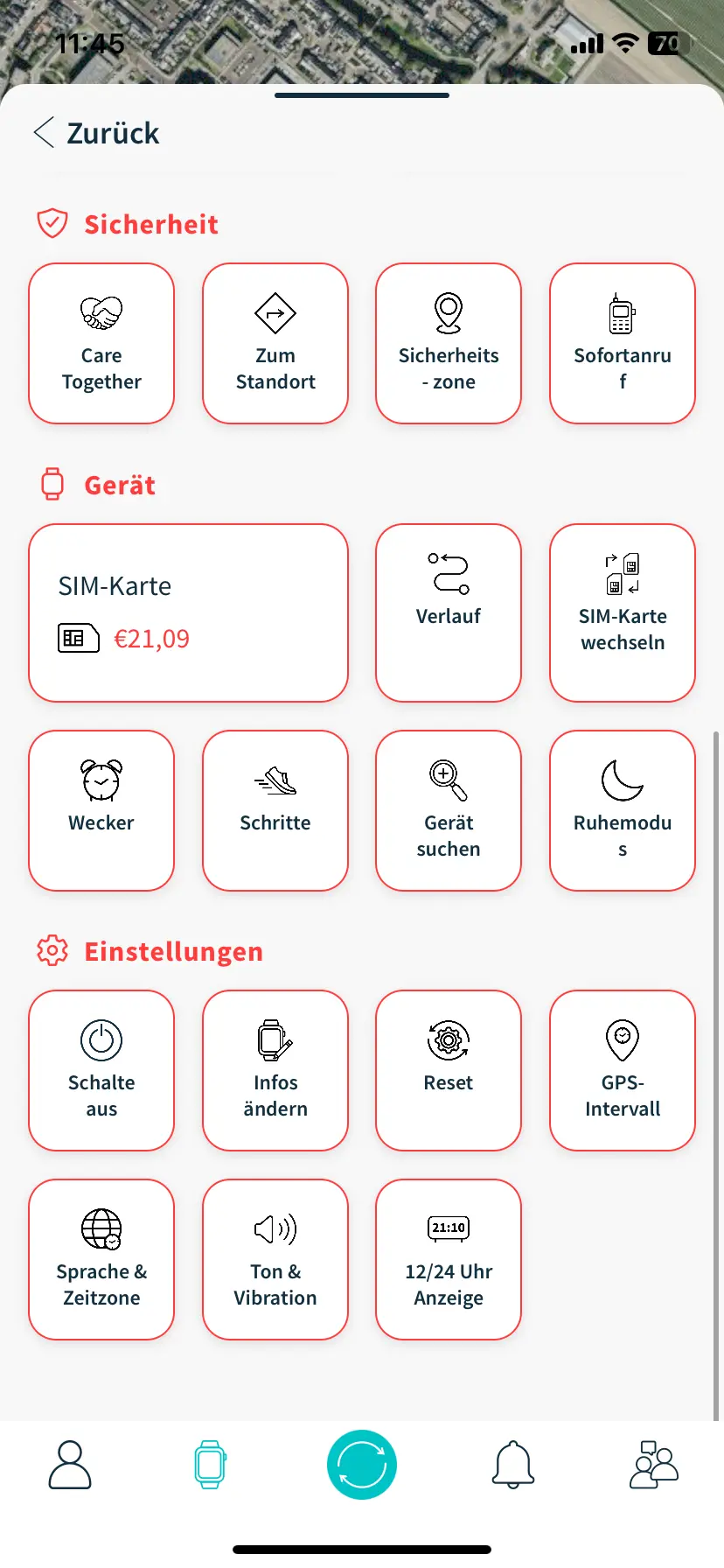 Einstellungen und Sicherheitsfunktionen einer Kinder-Smartwatch in der one2track-App.