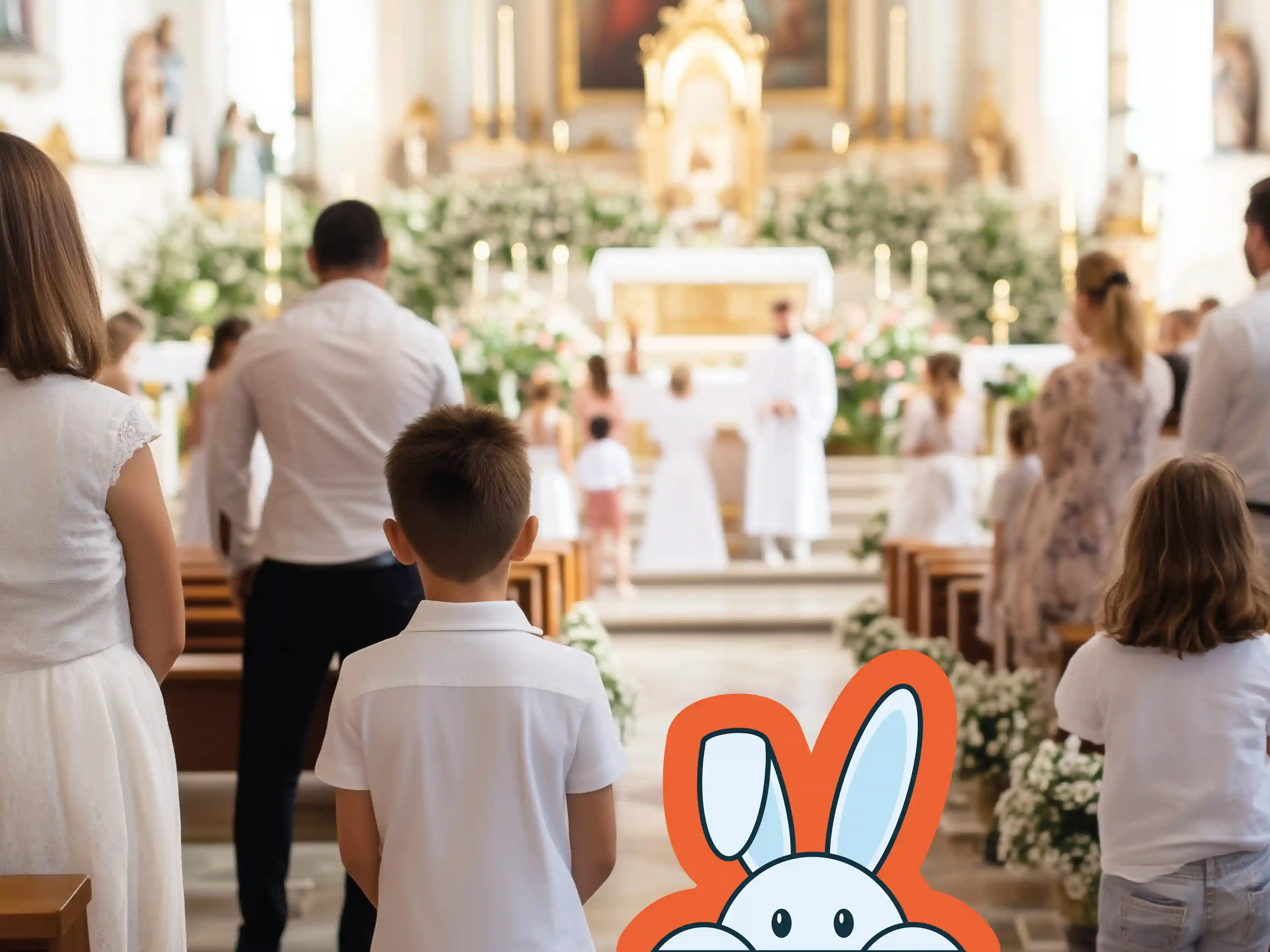 Kind bei einer Erstkommunion in einer Kirche, gesehen von hinten, mit Familie und anderen Kindern vor dem Altar