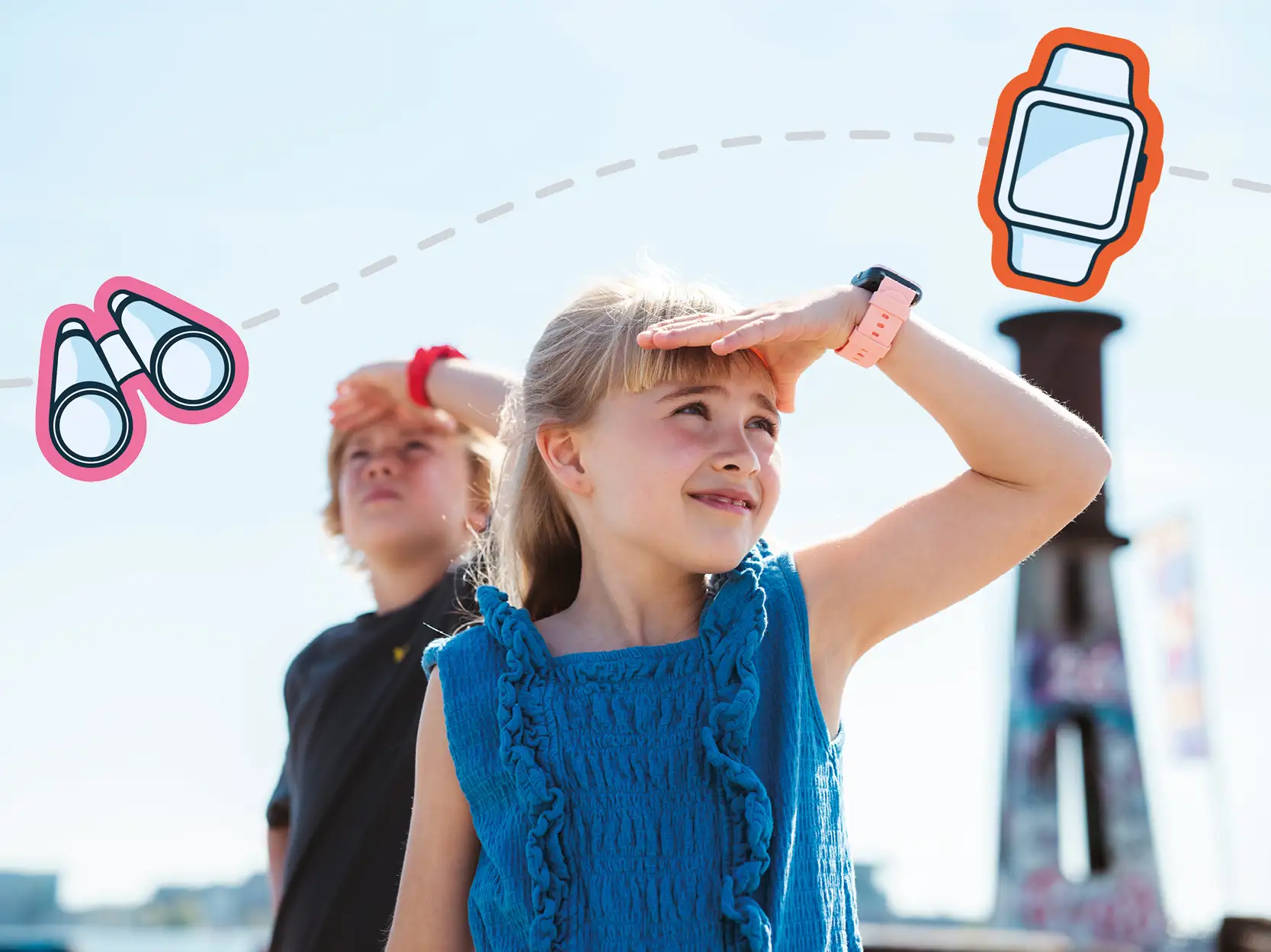 Kind mit pinker GPS-Smartwatch blickt in die Ferne, im Hintergrund ein Junge; Symbolgrafiken von Fernglas und Kinder-Smartwatch stehen für Ortung und Sicherheit.