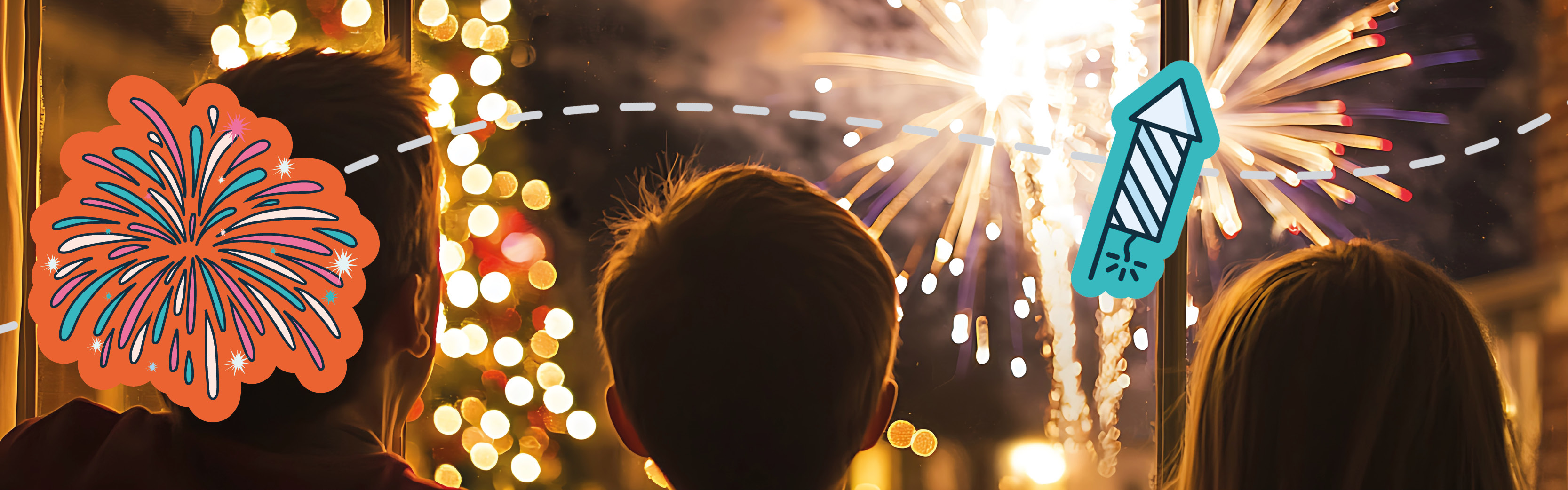 Kinder stehen am Fenster und schauen bei Nacht ein Feuerwerk zum Jahreswechsel.