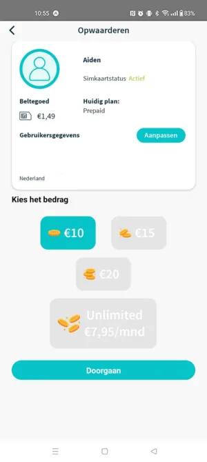 Kies je bedrag One2track app
